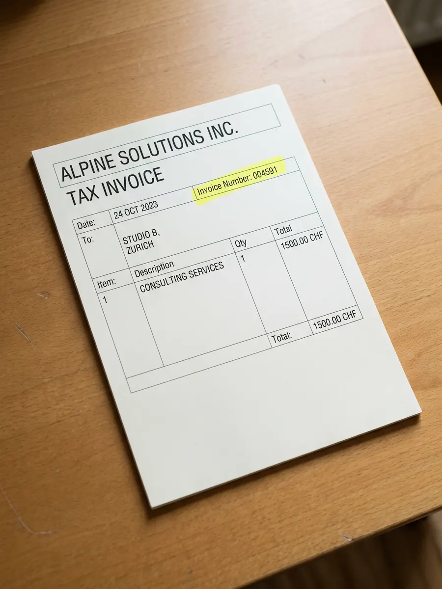 Printed A4 invoice on a light table with the invoice number highlighted in yellow.