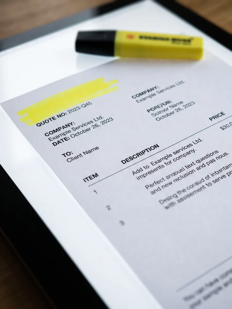 Printed A4 quotation on a light table with the quote number highlighted in yellow.